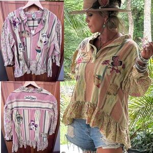 Jaded Gypsy Southern Skies Floral Striped Top 100% Cotton Sz L/XL NWT
